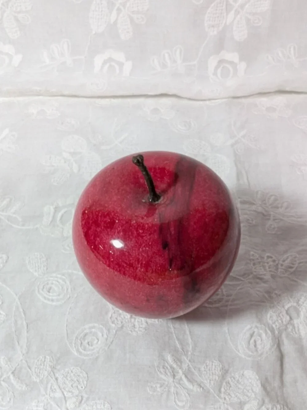 Vintage Red Marble Apple Paperweight, Unique Swirl Markings
